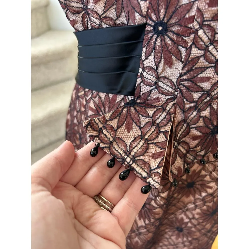 Vintage Brown Lace 50s 60s Black Band Sheath Dress Size M - Image 7