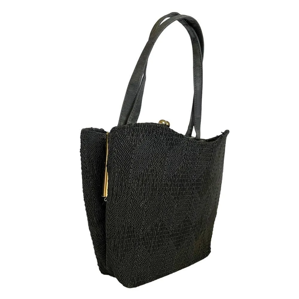 Vintage Corde Chevron Black Satchel Handbag 1940s Embroidered Hinged Frame Purse - Image 8