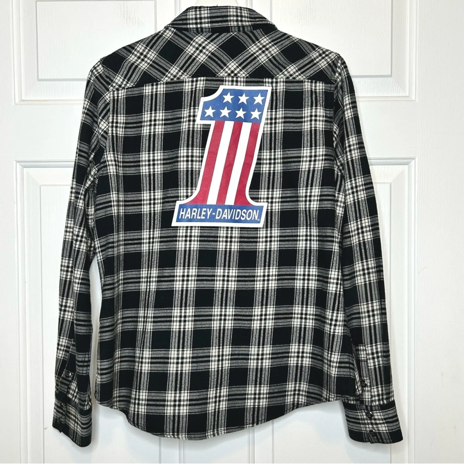 Harley Davidson Womens Plaid Flannel Shirt‎ Size Medium Black - Image 2