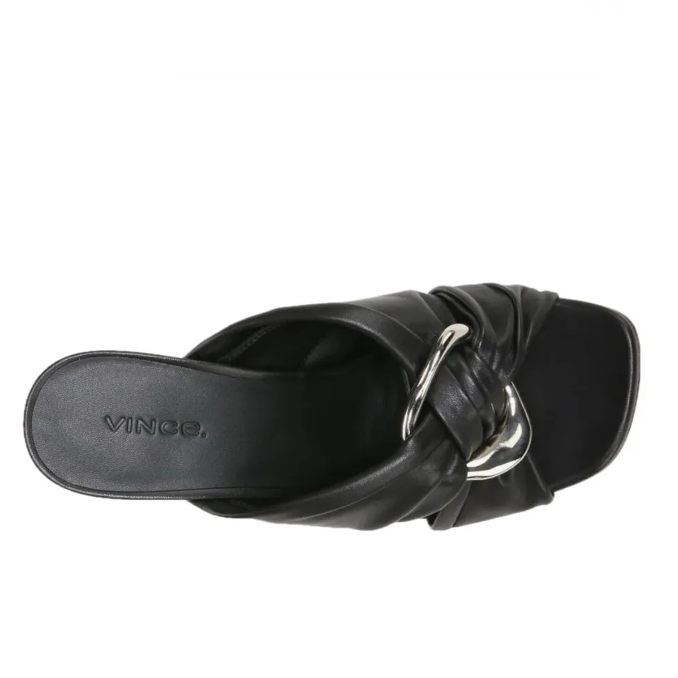 Vince Black Leather Ruched Knotted Sandal w/ Metal Accent Embellishment - Image 6
