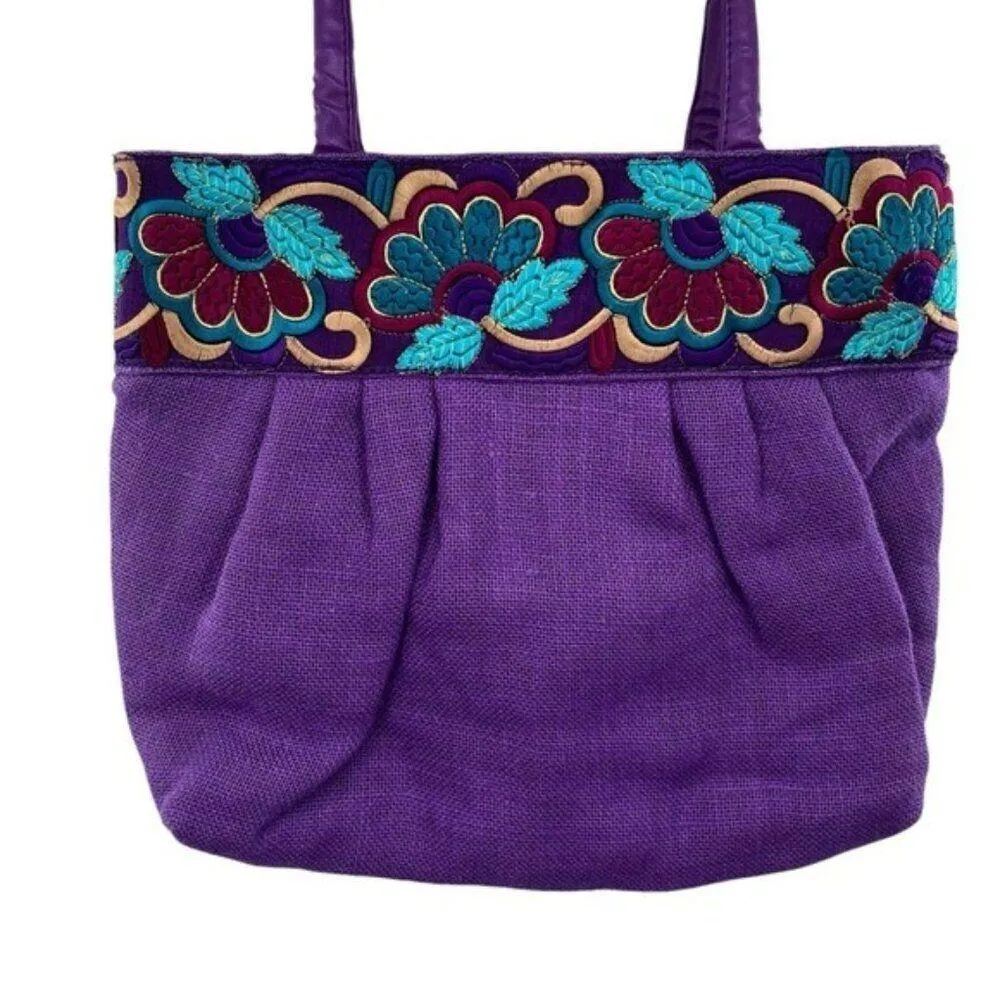 Vintage 1980 Purple Woven Burlap Embroidered Shoulder Bag Purse Beverly Goldberg - Image 2