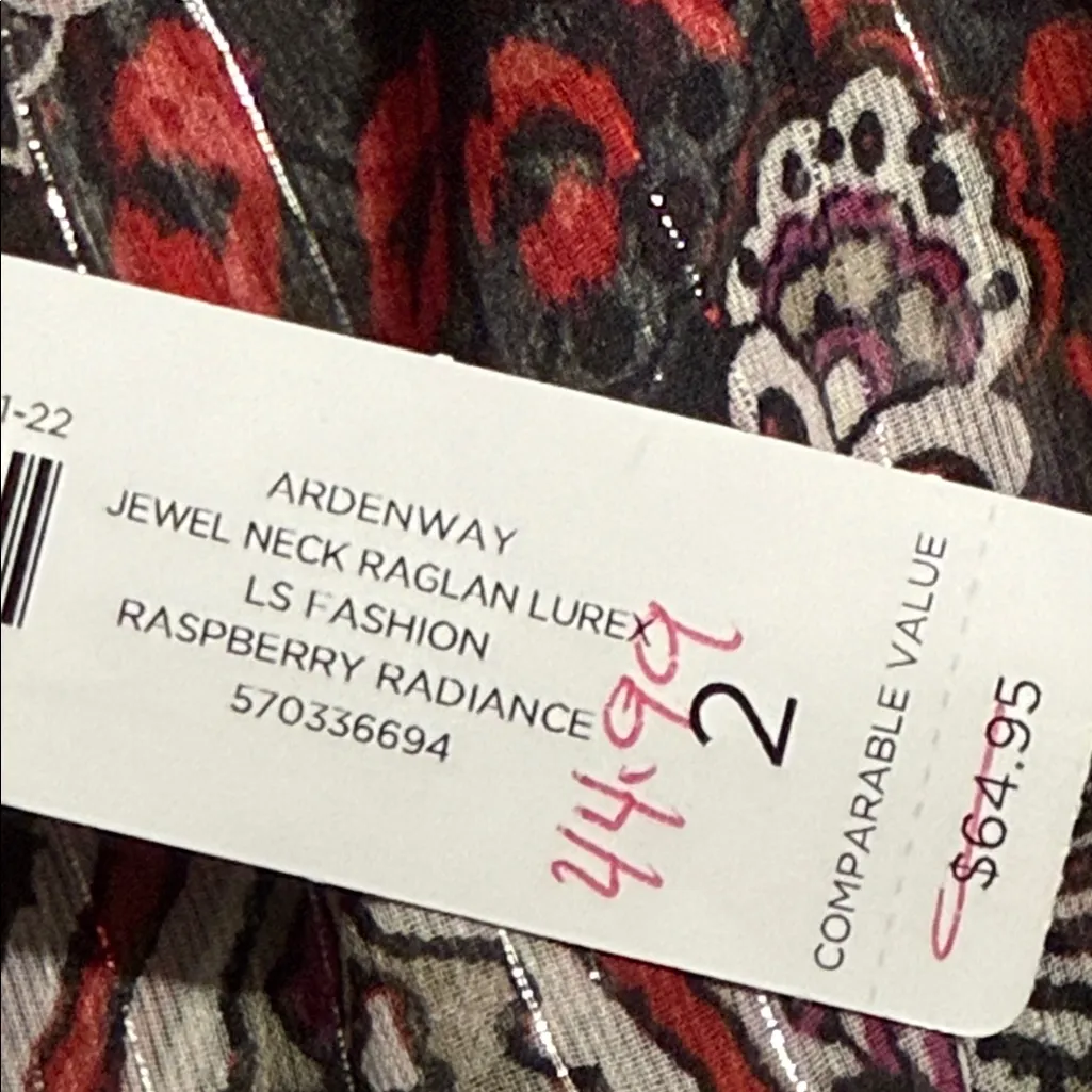 Chico's sz 2 (12) Ardenway jewel neck raglan lurex raspberry radiance ls fashion - Image 10