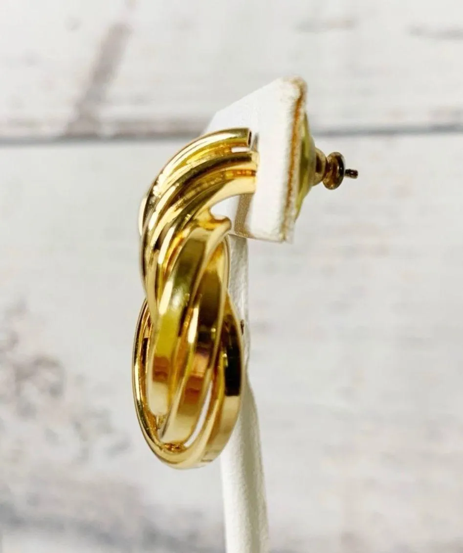 Unique Elegant Triple Round Loop Design Gold Finish Dangle Post Stud Earrings - Image 2