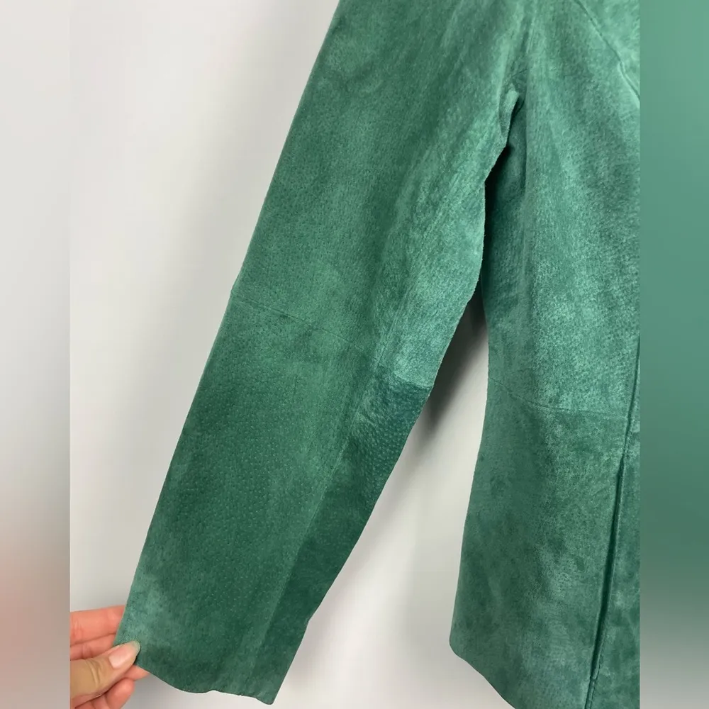 Coldwater Creek  Green Suede Leather‎ Button Up Collarless Jacket - Image 2