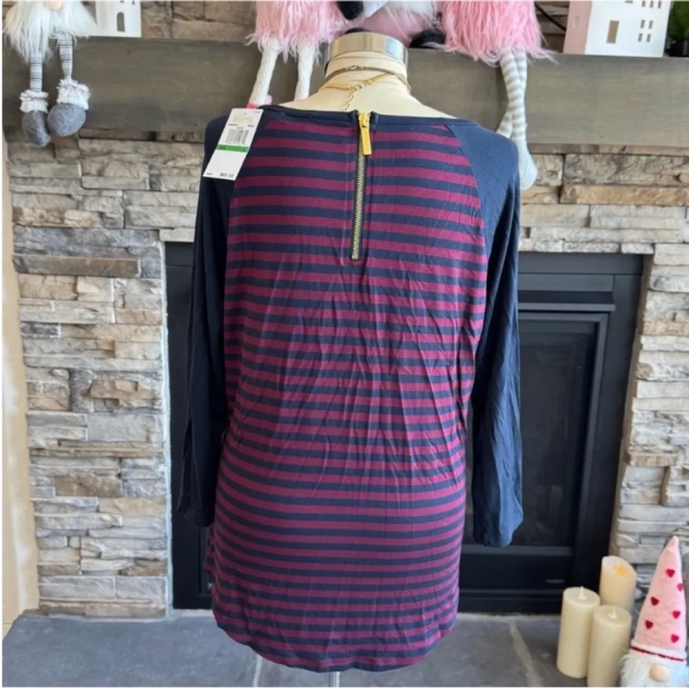MICHAEL Michael Kors Navy and Burgundy Striped Long Sleeve Tee Blue Size L - Image 2