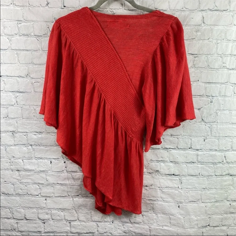 Anthropologie Moth Taupo Coral Red Asymmetrical Ruffle Kimono Cardigan Sweater - Image 56