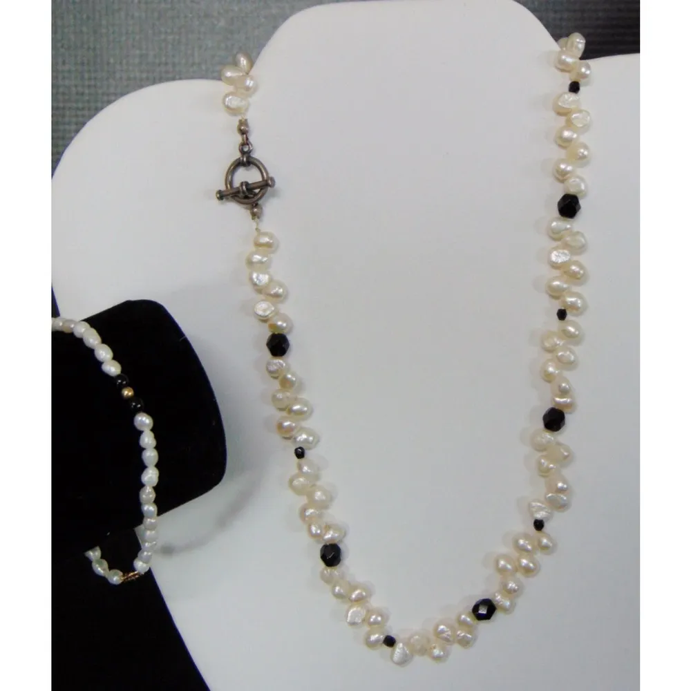 VTG Fresh Water Pearl & Black Onyx 16" NECKLACE + BRACELET 7.5" 24k Gold Clasp - Image 5
