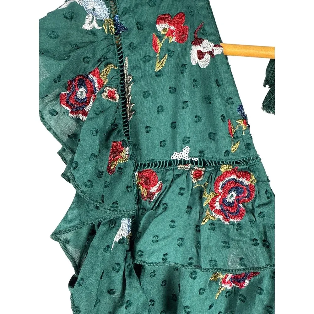 Tularosa Lindsay Dress in Emerald Ruffled Sleeves Embroidered Sparkle Size Small - Image 6