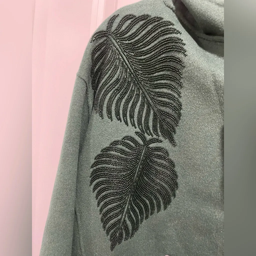 Zara Dark Green Beaded Leaf Long Oversized Wool Blend Pea Coat Size XS - M - Image 9