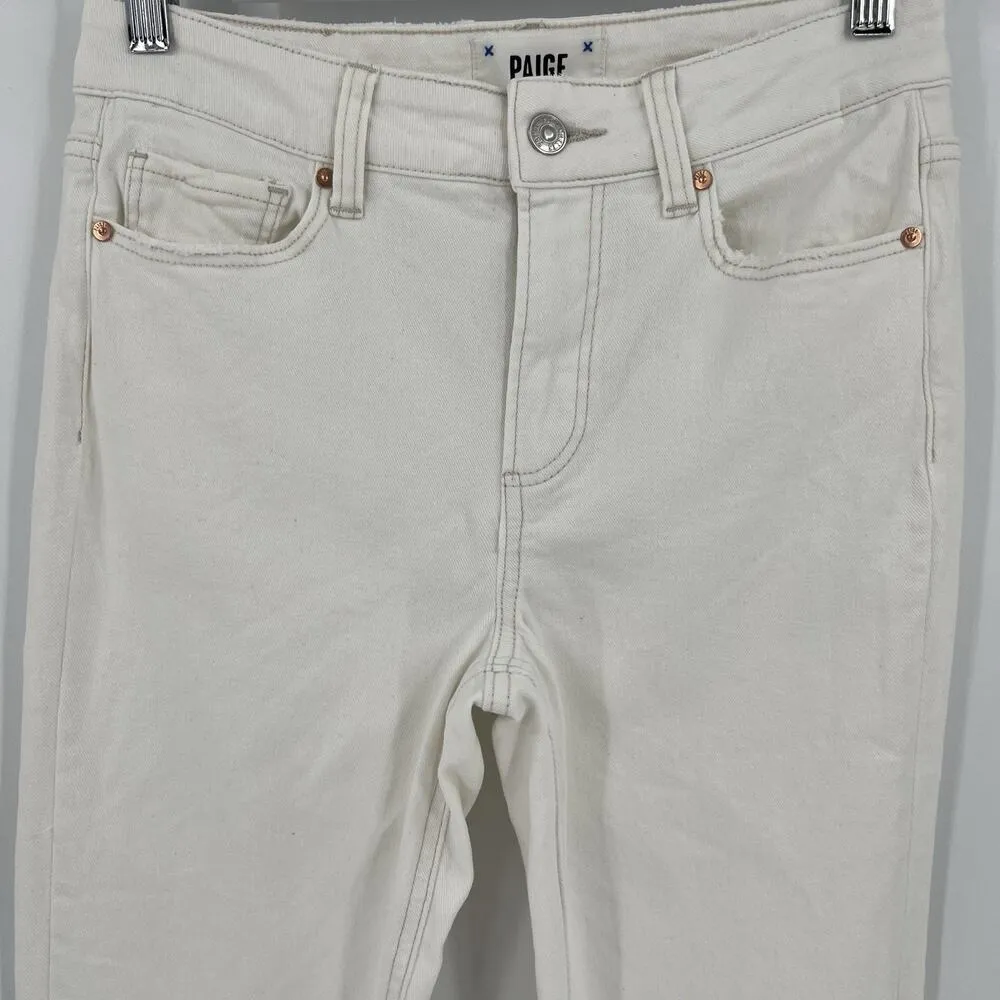 Paige Colette Crop Flare Jeans Ivory Golden Sand Distressed‎ Raw Hem Size 26 - Image 4