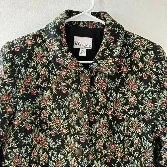 The Tog Shop Blazer Size 12 Petites Jacket Floral‎ Carpet Jacquard Metal Buttons Green - Image 2