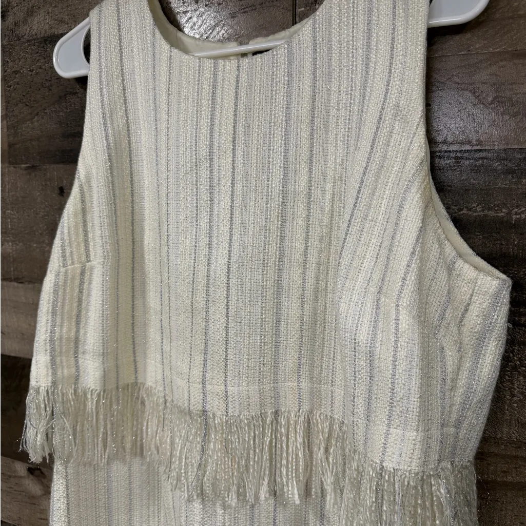 Karl Lagerfeld Ivory & Silver Metallic Tweed Fringe Dress Size 14 - Image 4