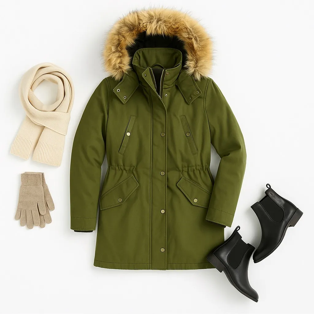 J.Crew Olive Green Utility Parka Petite XS Faux Fur Hood PrimaLoft Jacket EUC - Image 14