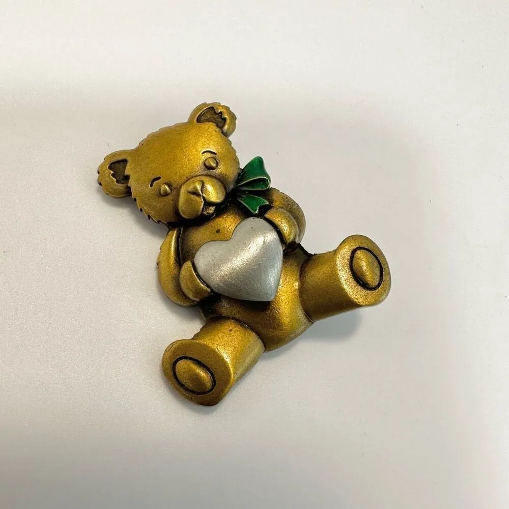 Jeanette Jewelry Gold and Silver tone Bear holding a heart brooch - Image 8