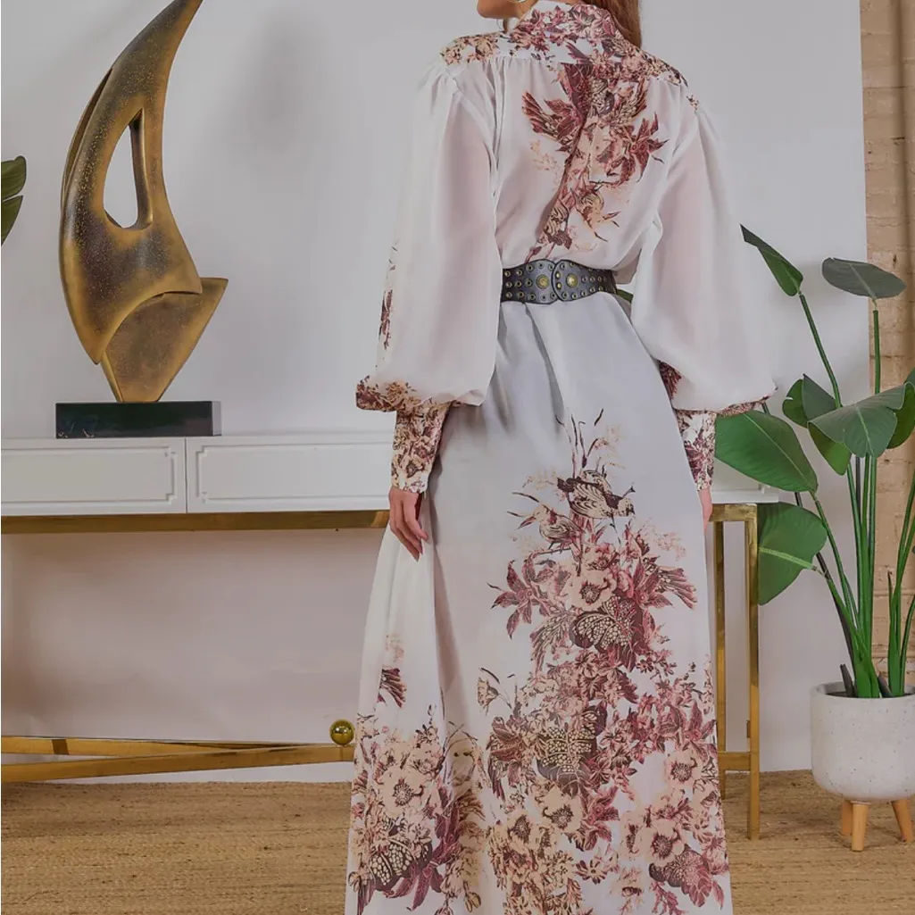 Floral Maxi Shirt Dress Sheer Long Sleeve Size Large. White - Image 2