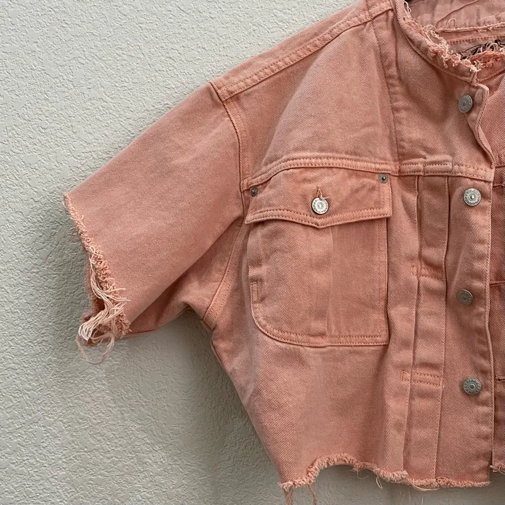 FREEGO Peachy Customized Short Sleeve Oversized Cropped Denim Jacket S Pink - Image 7