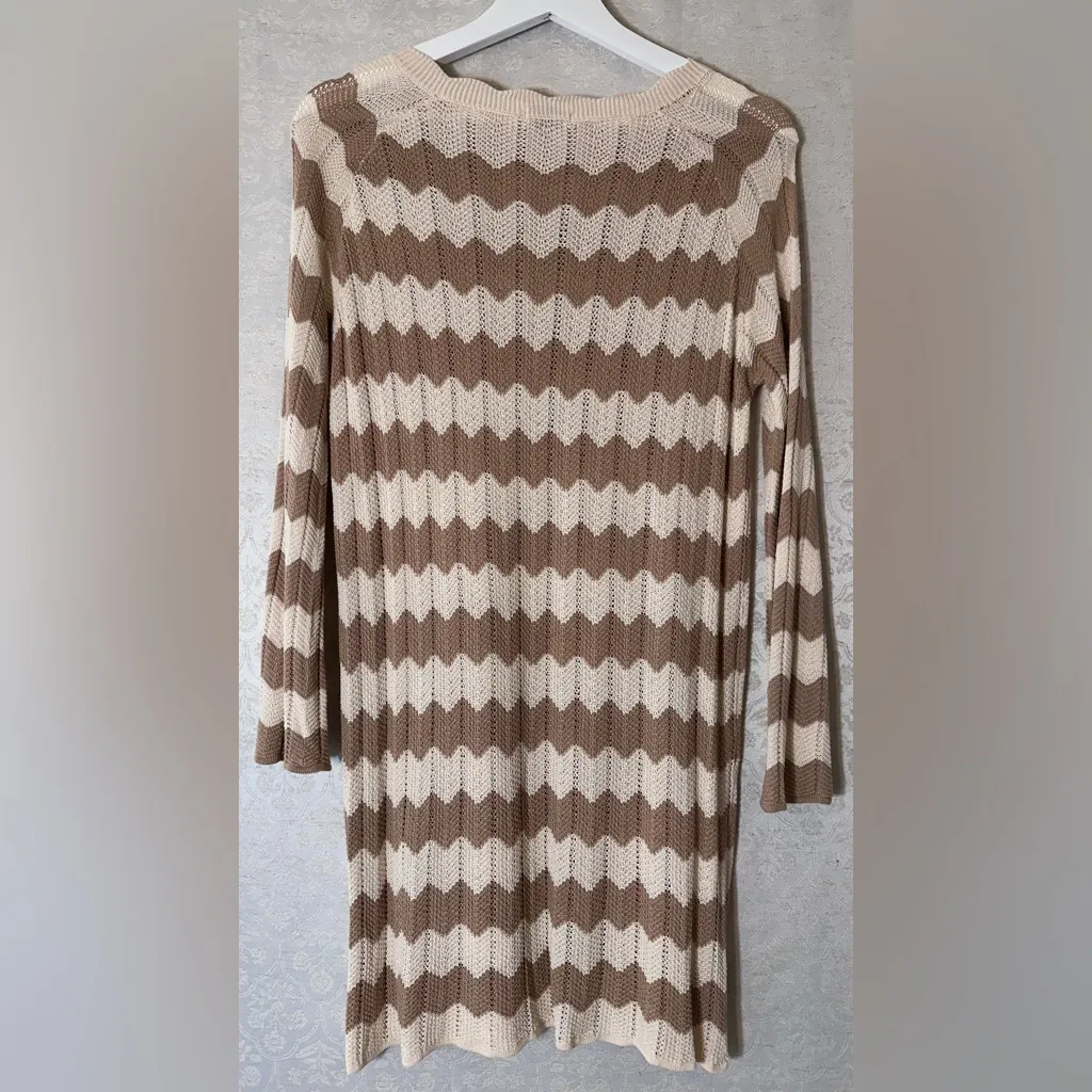 Anna Kay. Crochet Striped Brown Tan and Cream Women Sweater Dress Small - Image 3