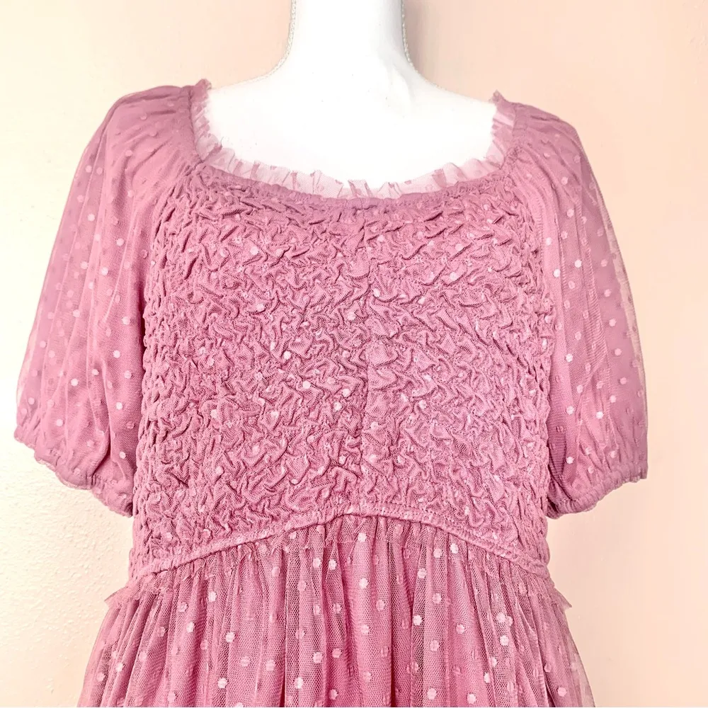 Deauville Pink Purple Polka Dot Smocked Ruffle Tulle Dress. Size XL - Image 2
