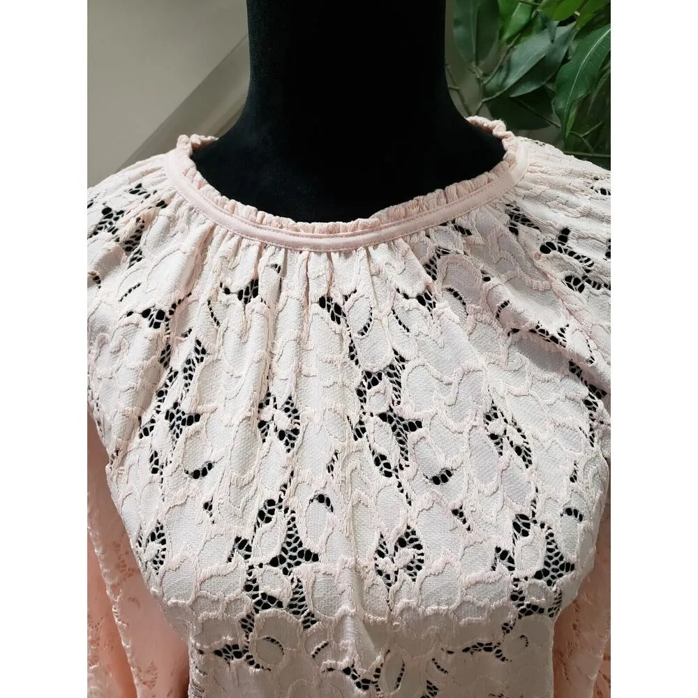 Free People Olivia Romantic Pink Lace Round Neck Flare Sleeve Blouse Size XS - Image 4