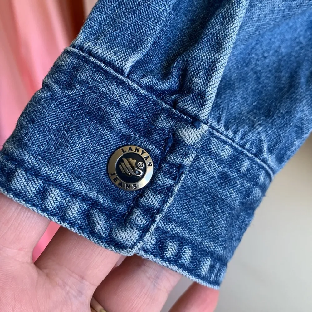 Rhinestone Cowgirl Studded Lattice Denim Chambray Western Shirt Blue - Image 7