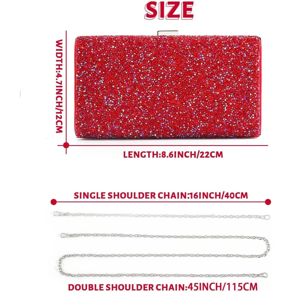 ⚡ Women's Glitter Double Sided Diamond Evening Clutch Crossbody Red Bag - Image 5