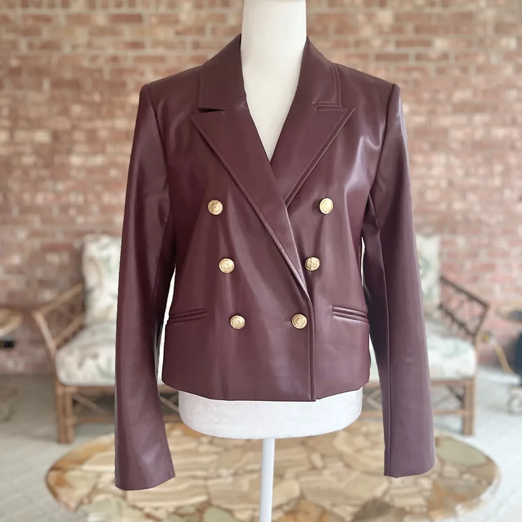 WHBM Jacket NWT Faux Leather Double Breasted Windsor Wine Chic Glam Vegan Crop M - Image 4
