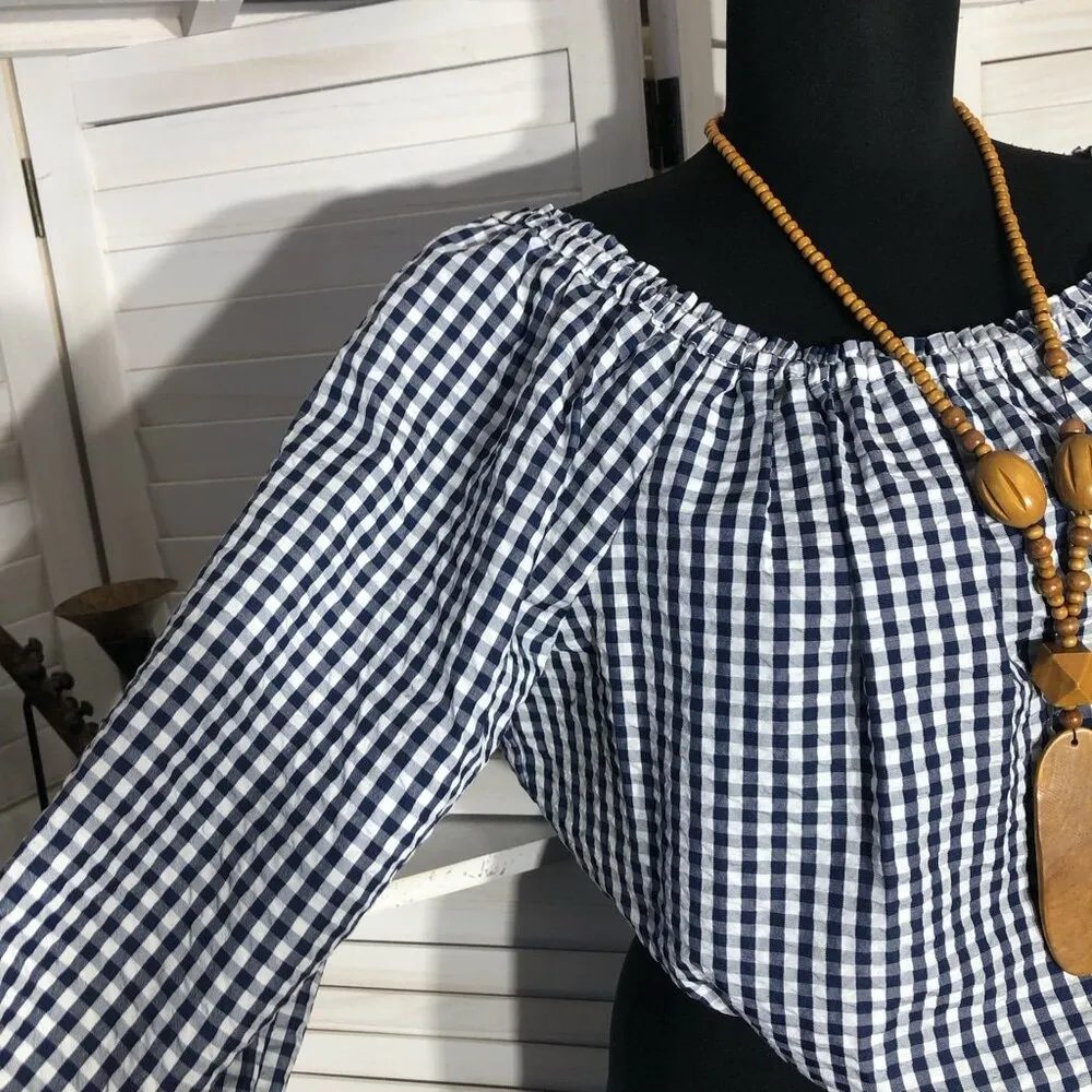 NWOT Santuary Claire Two-Way Top Tie-Front Gingham Print White Navy Blue sz M - Image 7