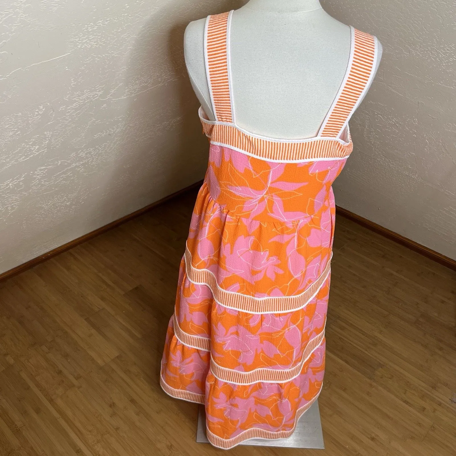 Isaac Mizrahi Live Orange Printed Midi Dress Size 10 Tiered Square Neck - Image 10