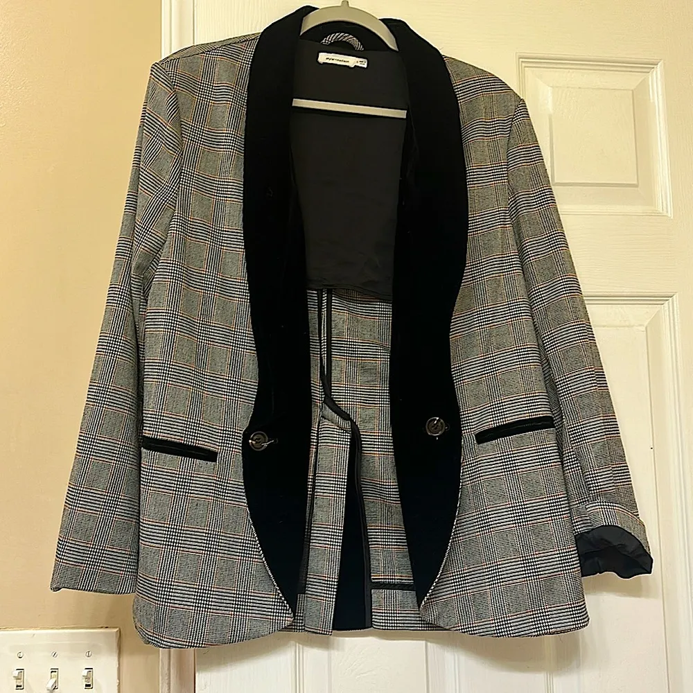 Plaid Black Velvet Collar Oversized Blazer - Image 2