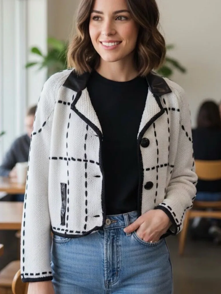 Vintage Cardigan Jacket Michael Simon New York Plaid Knit White and Black Size L Size L - Image 2