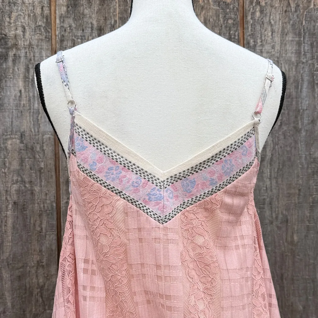 Elegant Asymmetrical Pink Dress Lace Gingham Embroidered Trim and Top Size Sm - Image 8