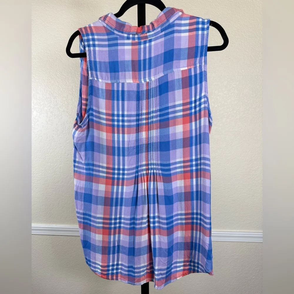 Terry Sky Multicolor Sleeveless Button Preppy Plaid Pink Blue Lightweight Top - Image 5