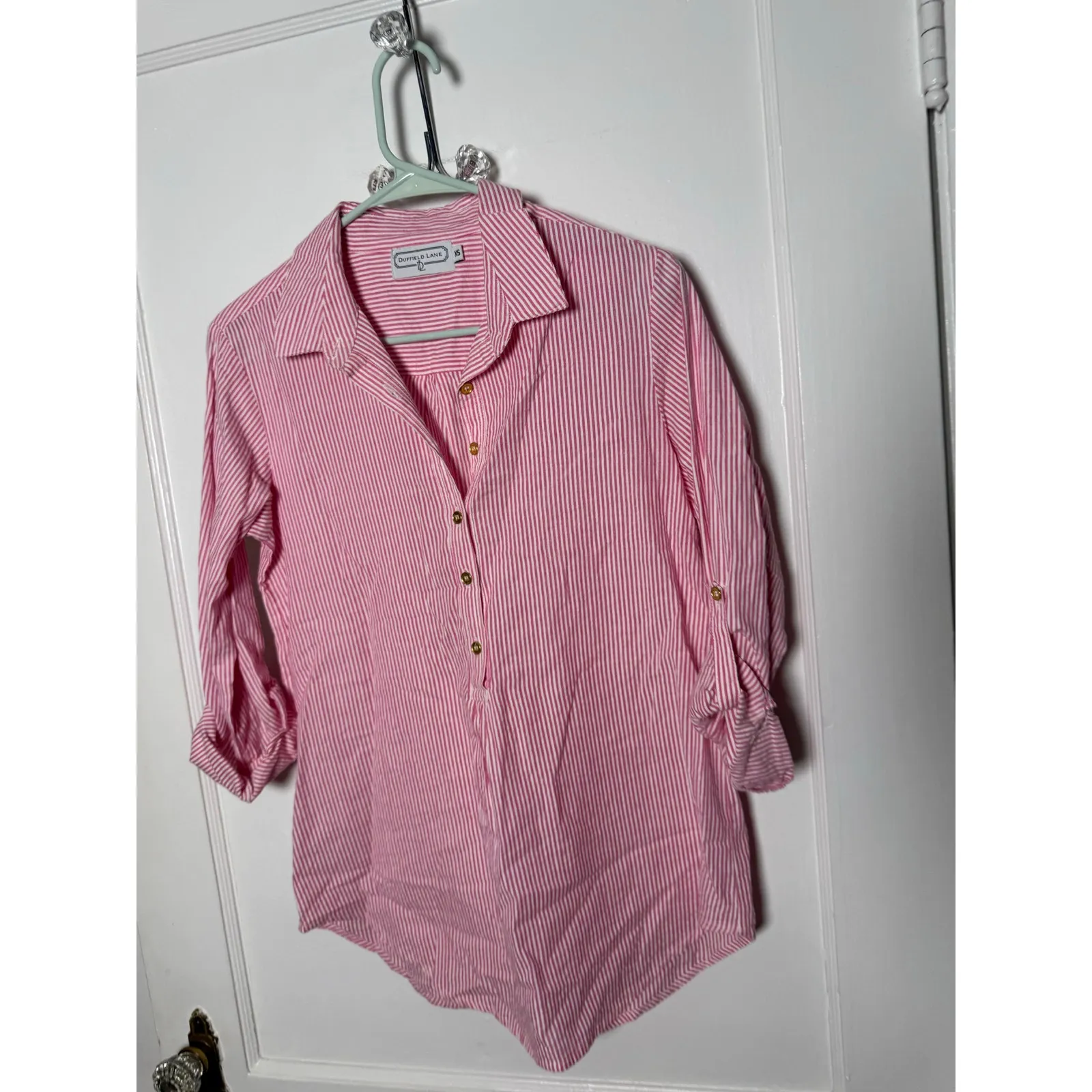 Duffield Lane Pink White Striped Seersucker Popover Preppy Tunic Top Women's XS - Image 2