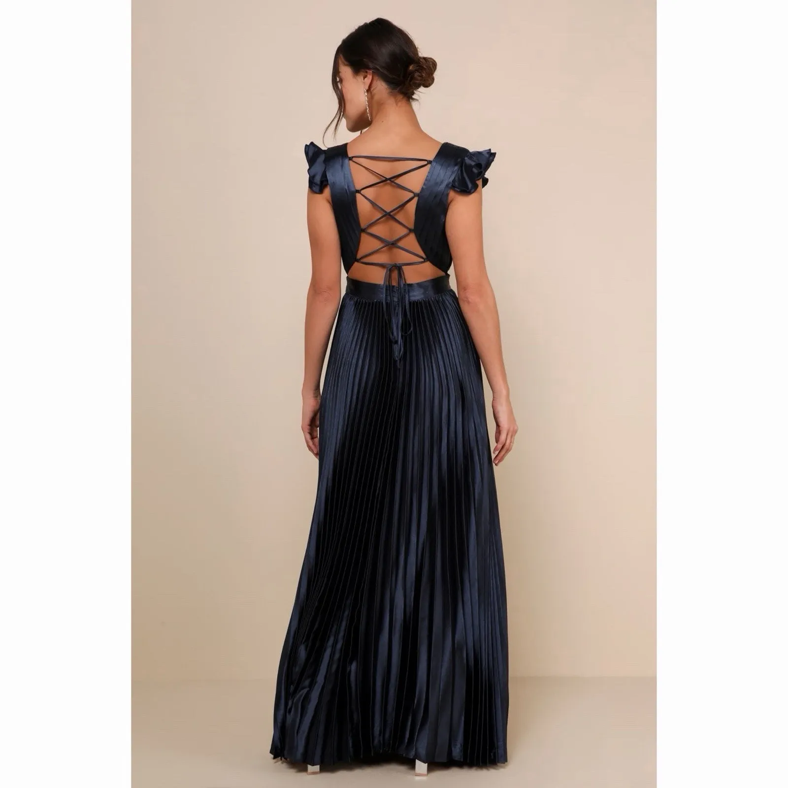NWT Lulus Exceptional Drama Navy Blue Satin Lace-Up Pleated Maxi Dress - Image 2