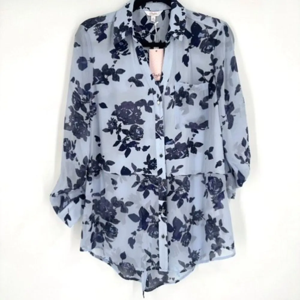 NWT Candie’s‎ Button Down Career Blouses Medium Floral Blue Lace Split Back - Image 10