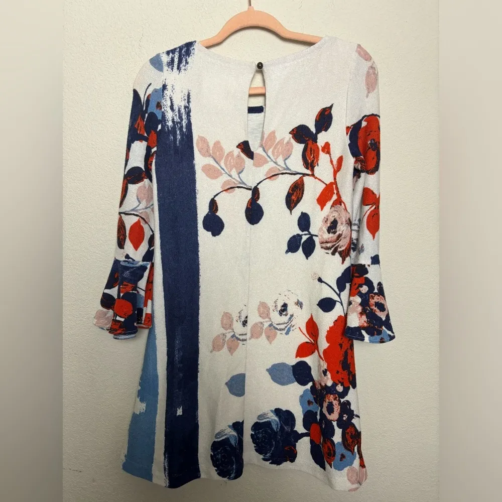 Maeve Anthousia Blue and Red Watercolor Floral Bell Sleeve Knit Sweater Dress XS - Image 10