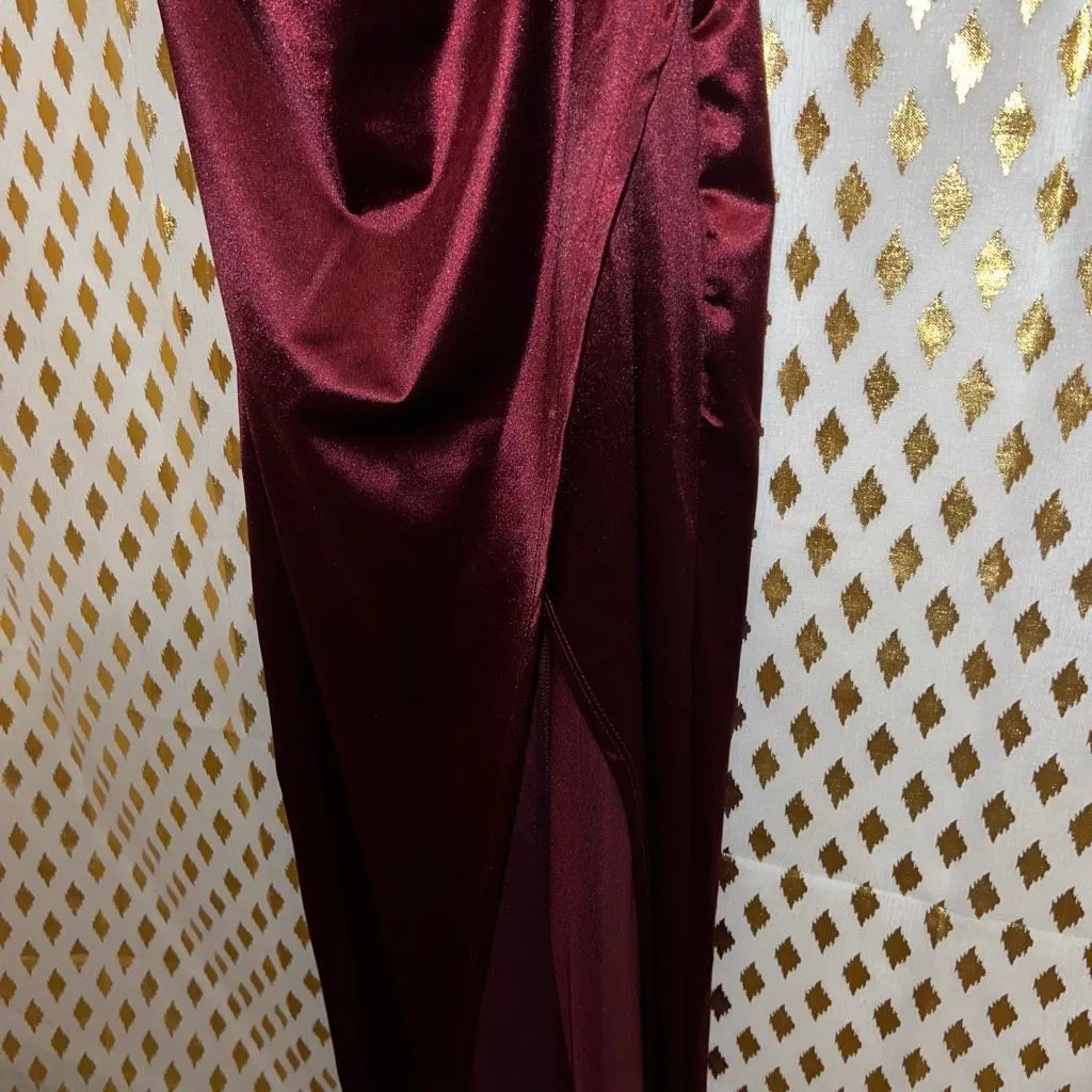 Red satin stretchy wrap dress long dress with slit formal spicy size L - Image 6