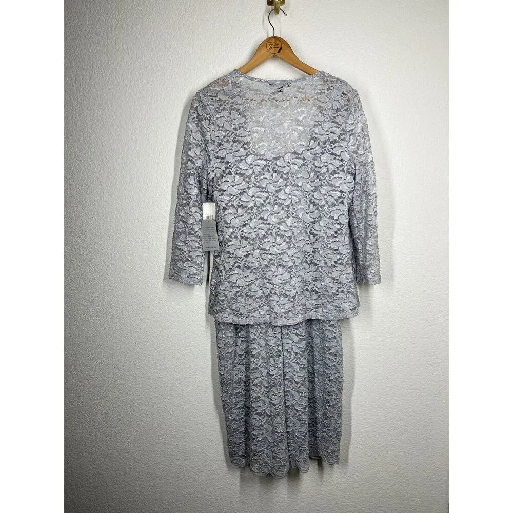 Marina Scalloped Glitter Lace Dress With Jacket Size 12 Silver Formal Wedding - Image 5