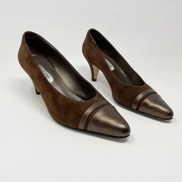 Bally of Switzerland Vintage Brown suede metallic leather mid heel pumps shoes 7 - Image 26