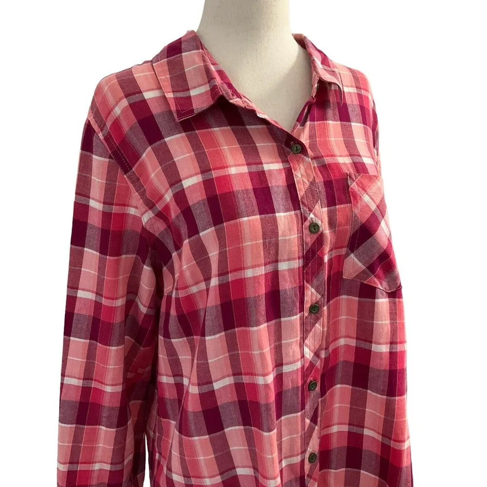 LAURA SCOTT Women Size Large Plaid Roll Tab Long Sleeve Shirt Pink Red #14-109 - Image 3