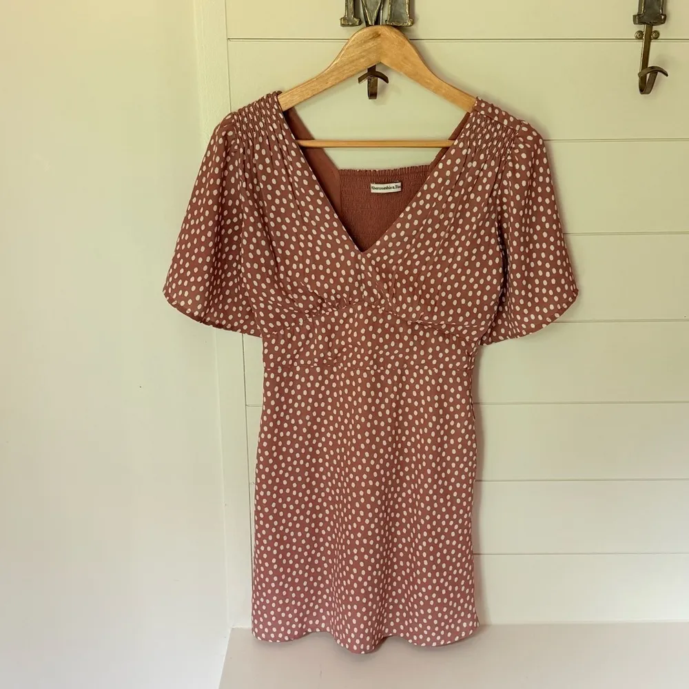 Abercrombie & Fitch Short Sleeve Smocked Pink White Polka Dot Mini Dress xSmall - Image 3