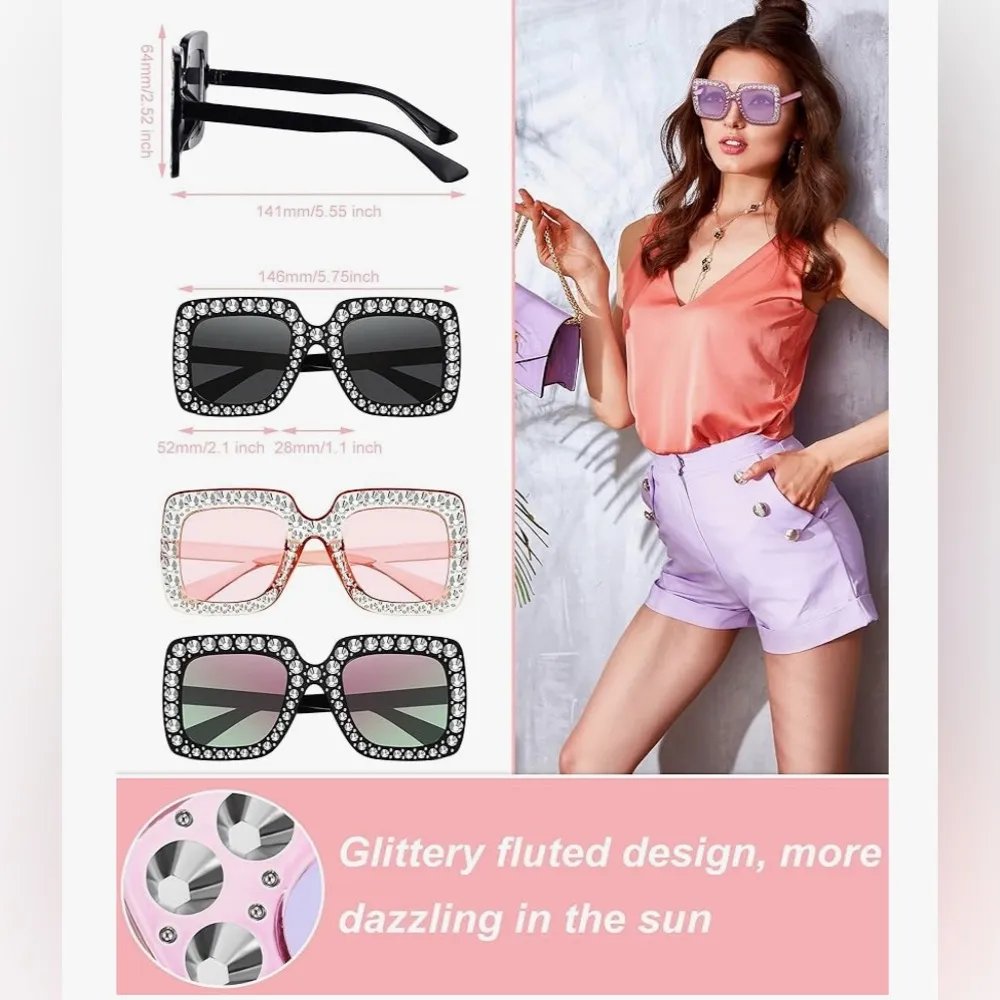 Sparkly, Fluted Rhinestone Rimmed Sunglasses, Brown, Silver Brown - Image 6