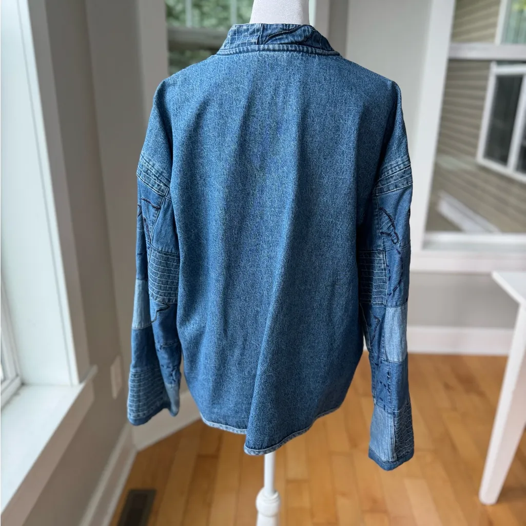 Vintage 90s Cherokee Denim Patchwork Chambray Lined Cotton Jacket Size Large Blue - Image 4