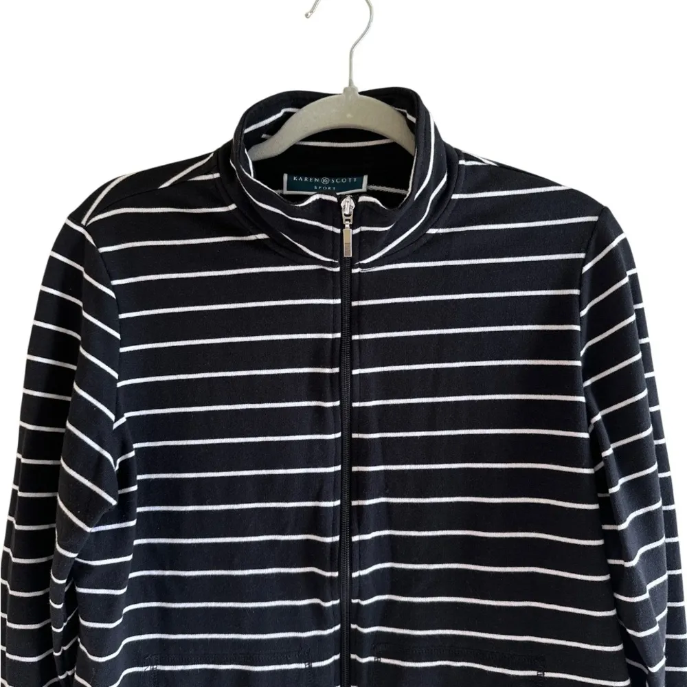 Karen Scott Womens M Full Zip Up Cotton Blend Jacket Black Stripped Activewear - Image 2