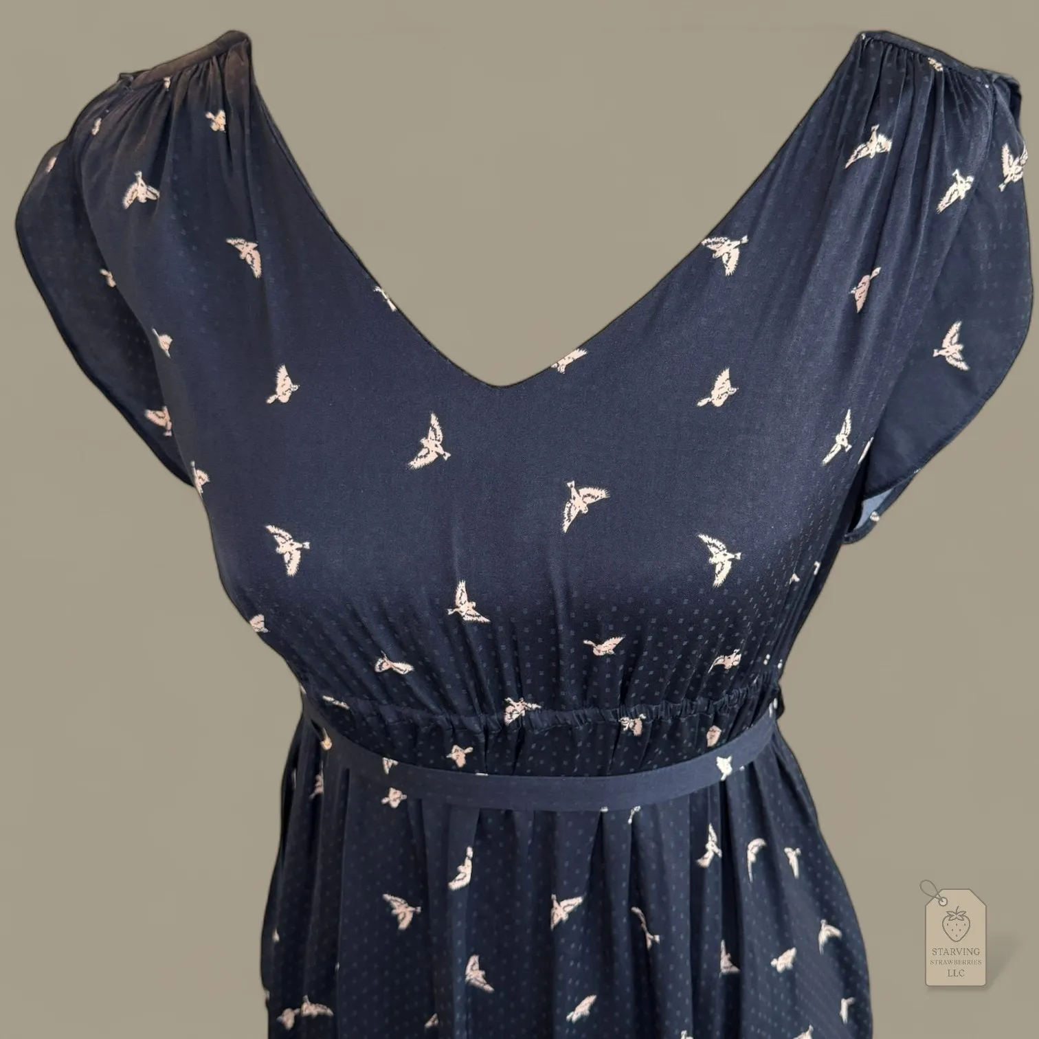 H&M Mama Navy Bird Print Dress | Flutter Sleeve Belted V-Neck | Maternity Small - Image 2