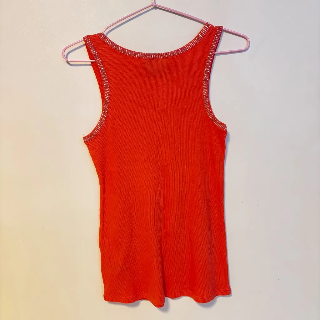 I Jeans by Buffalo Y2K Rhinestone Collar Trim Ribbed Tank Top Orange Womens M Size M - Image 3