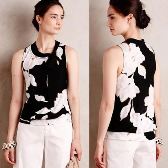 Deletta Anthro Floral Tie Neck Top Linden Size Small - Image 2