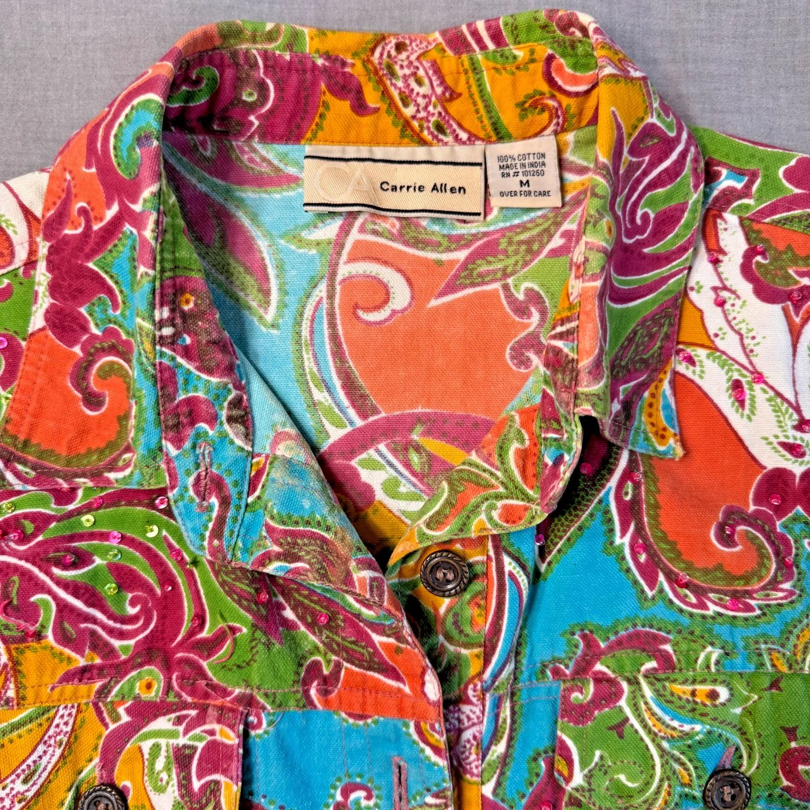 VTG Carrie Allen Paisley Beaded Sequin Denim Jacket Womens‎ Medium Cotton Boho Yellow - Image 12