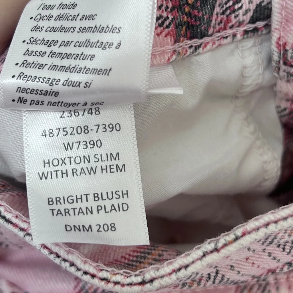 PAIGE Hoxton Bright Blush Tartan Plaid Slim Jeans 27 Raw Hem - Image 5