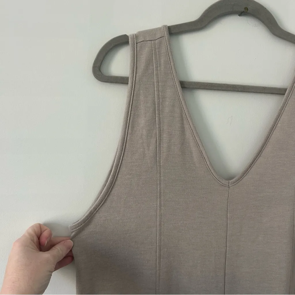 Zenana Outfitters French Terry Deep V Neck Wide Leg Jumpsuit Ash Mocha Tan M - Image 4